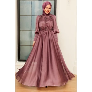 Neva Style Boncuk İşlemeli Koyu Gül Kurusu Tesettür Abiye Elbise 22101KGK