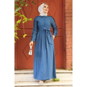 Neva Style - Kolları Fırfır Detaylı Indigo Mavisi Tesettür Elbise 3434IM