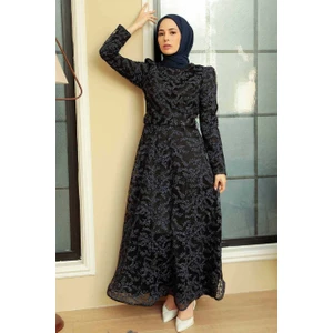 Neva Style Tesettürlü Abiye Elbise - Dantelli Siyah Tesettür Abiye Elbise 3330S