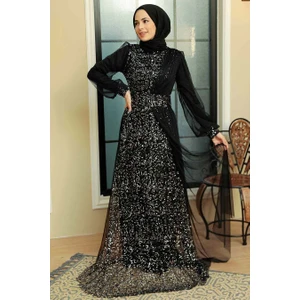 Neva Style Tesettürlü Abiye Elbise - Pul Payet Işlemeli Gümüş Tesettür Abiye Elbise 5696GMS