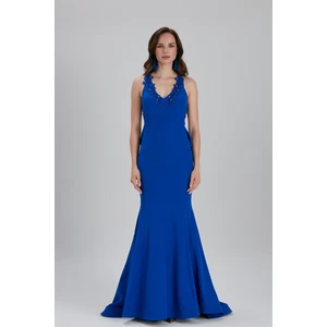 Neva Style Çiçek Detaylı Sax Mavisi Abiye Elbise 6419SX