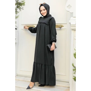 Neva Style - Fırfır Detaylı Siyah Tesettür Elbise 7681S