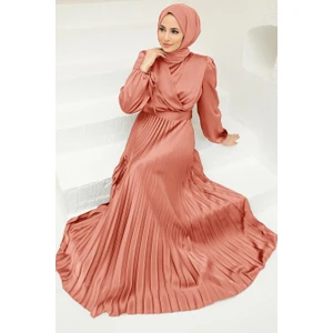 Neva Style Saten Somon Tesettür Abiye Elbise 3452SMN