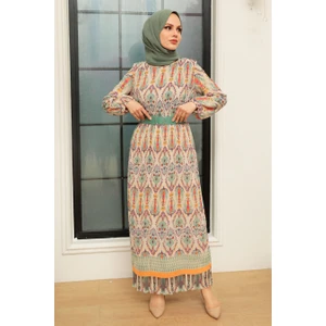 Neva Style - Etnik Desenli Mint Tesettür Elbise 3536MINT