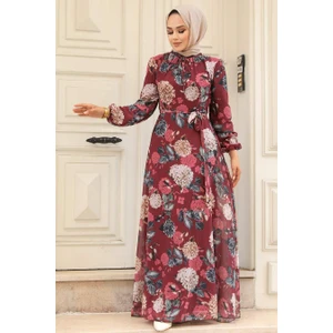 Neva Style Çiçek Desenli Bordo Tesettür Elbise 279083BR