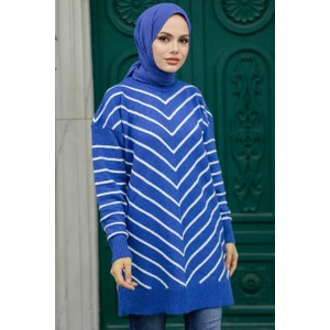 Neva Style - Çizgili Indigo Mavisi Tesettür Triko Kazak 81861IM