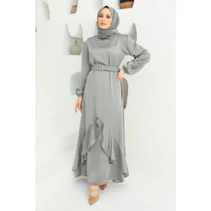 Neva Style Volanlı Açık Gri Tesettür Abiye Elbise 4566AGR