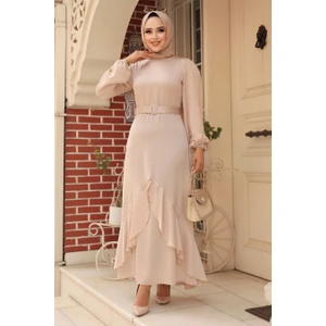 Neva Style Volanlı Bej Tesettür Abiye Elbise 4566BEJ