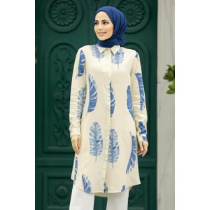 Neva Style - Desenli Mavi Tesettür Viskon Tunik 11610M