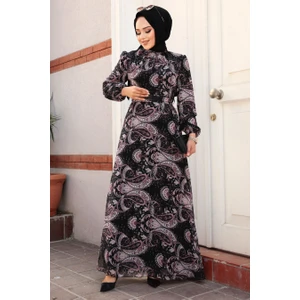 Neva Style - Çiçek Desenli Siyah Tesettür Elbise 279081S