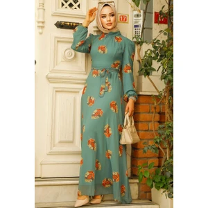 Neva Style - Çiçek Desenli Çağla Yeşili Tesettür Elbise 27937CY