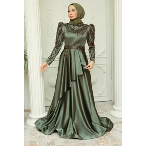 Neva Style Tesettürlü Abiye Elbise - Boncuk Işlemeli Haki Saten Tesettür Abiye Elbise 22671HK