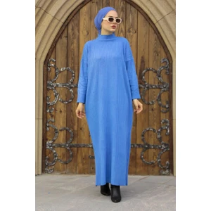Neva Style - Boğazlı Yaka Mavi Tesettür Triko Elbise 34150M