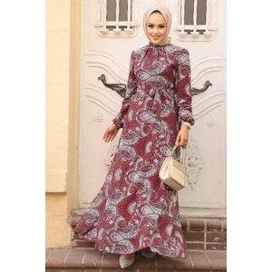 Neva Style Çiçek Desenli Bordo Tesettür Elbise 279081BR