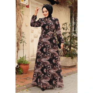Neva Style - Çiçek Desenli Kiremit Tesettür Elbise 279081KRMT