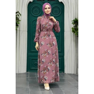 Neva Style Çiçek Desenli Gül Kurusu Tesettür Elbise 279082GK