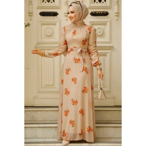 Neva Style - Çiçek Desenli Vizon Tesettür Elbise 27937V