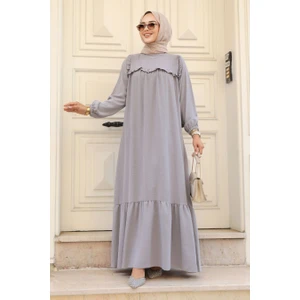 Neva Style - Fırfır Detaylı Gri Tesettür Elbise 7681GR