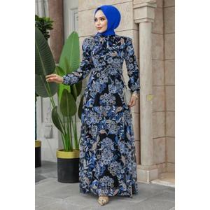 Neva Style - Çiçek Desenli Indigo Mavisi Tesettür Elbise 27950IM