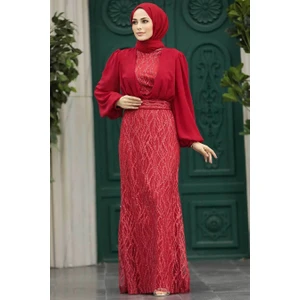 Neva Style Tesettürlü Abiye Elbise - Pul Payet Işlemeli Kırmızı Tesettür Abiye Elbise 22213K
