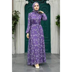 Neva Style - Çiçek Desenli Lila Tesettür Elbise 279048LILA
