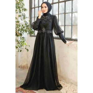 Neva Style Tesettürlü Abiye Elbise - Boncuk Işlemeli Siyah Saten Tesettür Abiye 25822S