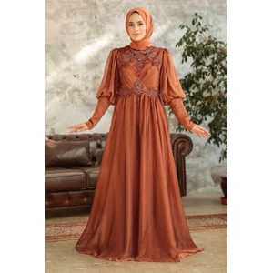 Neva Style Tesettürlü Abiye Elbise - Boncuk Işlemeli Taba Saten Tesettür Abiye 25822TB
