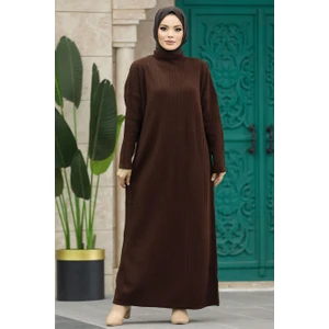 Neva Style - Boğazlı Yaka Kahverengi Tesettür Triko Elbise 34150KH