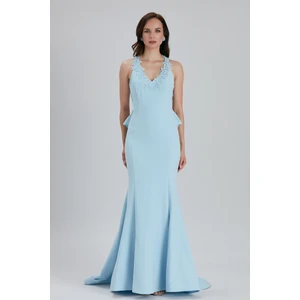 Neva Style Çiçek Detaylı Bebek Mavisi Abiye Elbise 6419BM