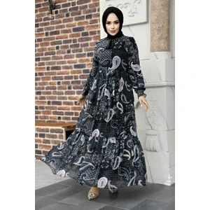 Neva Style - Desenli Siyah Tesettür Elbise 33561S