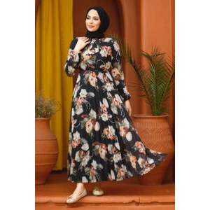 Neva Style Çiçek Desenli Siyah Tesettür Elbise 50191S