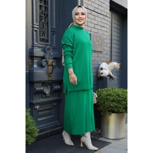 Neva Style - Etekli Yeşil Tesettür Triko Ikili Takım 34021Y