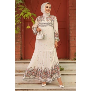 Neva Style - Desenli Ekru Tesettür Elbise 50095E