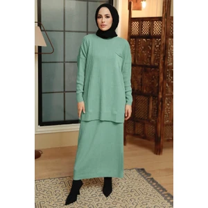 Neva Style - Etekli Mint Tesettür Triko Ikili Takım 34021MINT