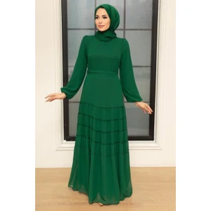 Neva Style Piliseli Yeşil Tesettür Elbise 5712Y