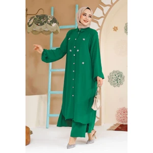 Neva Style Boncuk Detaylı Zümrüt Yeşili Tesettür İkili Takım 12082ZY