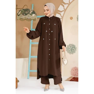 Neva Style - Boncuk Detaylı Kahverengi Tesettür Ikili Takım 12082KH