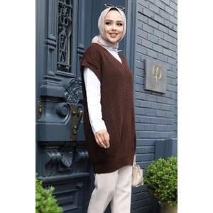 Neva Style - Kahverengi Tesettür Triko Süveter 4786KH