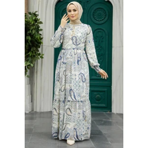 Neva Style - Desenli Ekru Tesettür Elbise 33561E