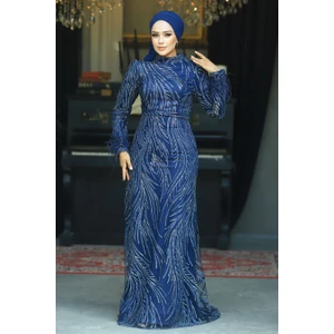 Neva Style Tesettür Abiye Elbise - Simli Lacivert Tesettür Abiye Elbise 23061L