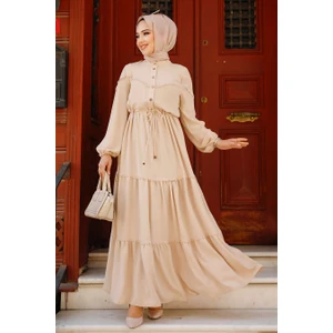 Neva Style - Düğmeli Bej Tesettür Elbise 63250BEJ