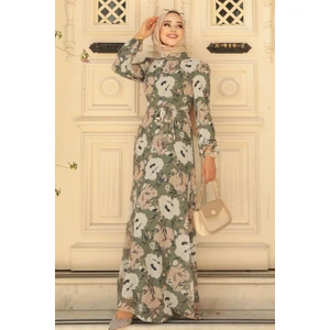 Neva Style - Çiçek Desenli Haki Tesettür Elbise 27939HK