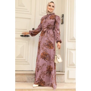 Neva Style Çiçek Desenli Gül Kurusu Tesettür Elbise 27921GK