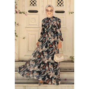 Neva Style - Çiçek Desenli Siyah Tesettür Elbise 27941S