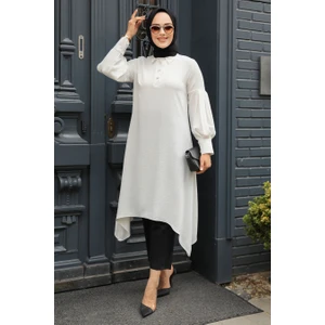 Neva Style - Asimetrik Detaylı Ekru Tesettür Tunik 615E