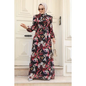 Neva Style - Çiçek Desenli Kırmızı Tesettür Elbise 27941K