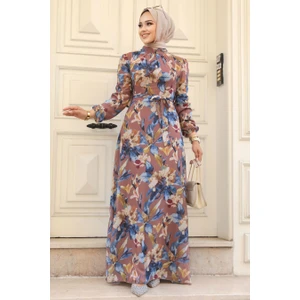 Neva Style - Çiçek Desenli Taba Tesettür Elbise 27941TB