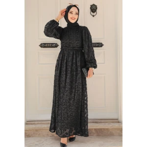 Neva Style - Desenli Siyah Tesettür Elbise 1388S