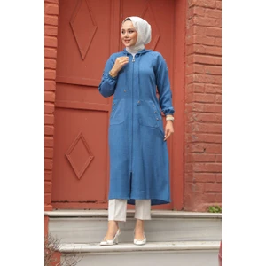 Neva Style - Kapşonlu Indigo Mavisi Tesettür Kap 511IM