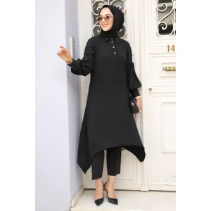 Neva Style - Asimetrik Detaylı Siyah Tesettür Tunik 615S